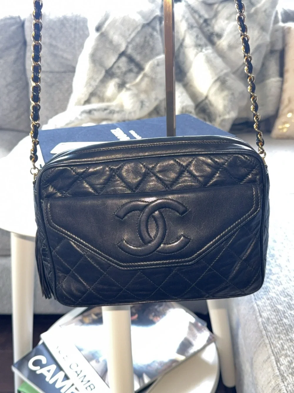 Vintage Chanel Series 1 Black Quilted Leather CC Tassel Camera Shoulder Bag